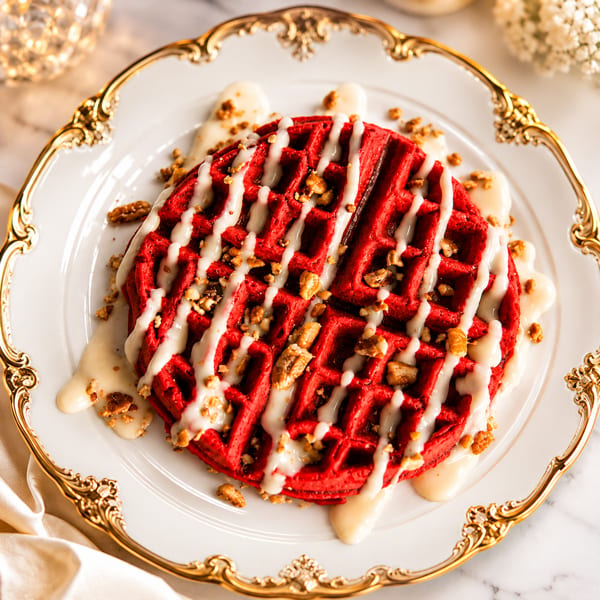 Red velvet waffle with white icing drizzle and chopped nuts on a gold-rimmed plate.