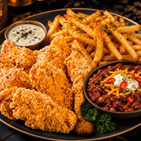 A platter of crispy chicken tenders, seasoned fries, chili, and ranch dip.