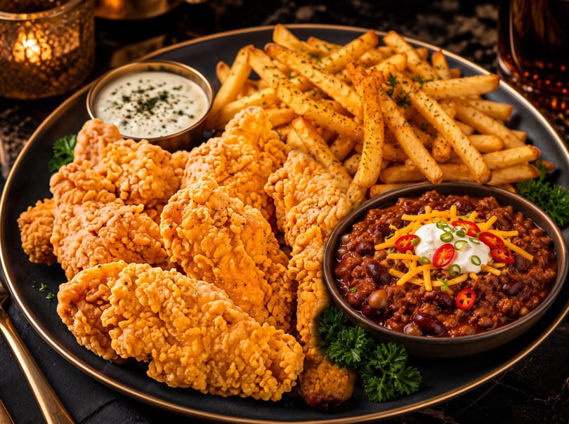 A platter of crispy chicken tenders, seasoned fries, chili, and ranch dip.