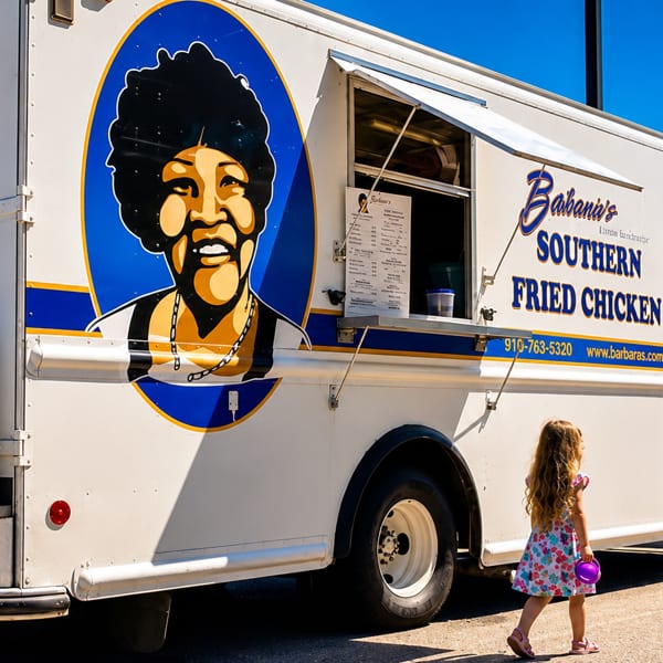 A young girl walks towards a white food truck with "Barbara's Southern Fried Chicken" written on its side.