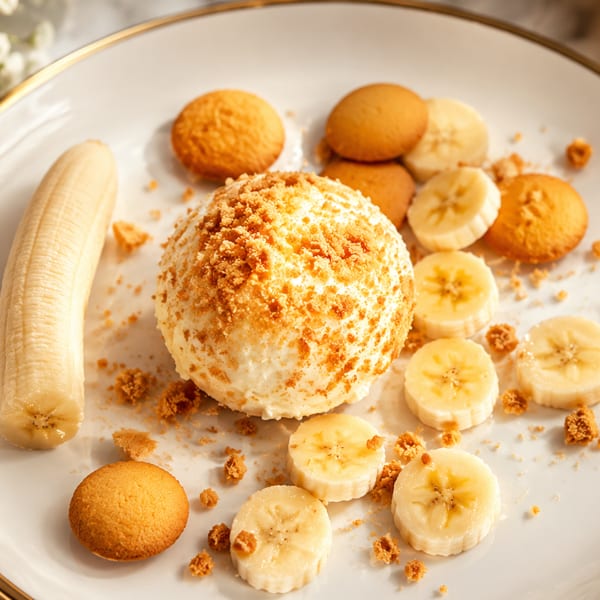 Banana pudding dessert with vanilla wafers, banana slices, and a whole peeled banana on a white plate.