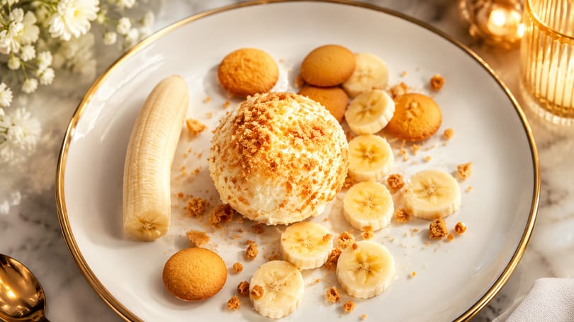 Banana pudding dessert with vanilla wafers, banana slices, and a whole peeled banana on a white plate.