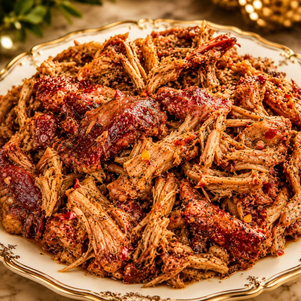 Close-up of a platter filled with shredded, seasoned pulled pork, glistening with sauce.