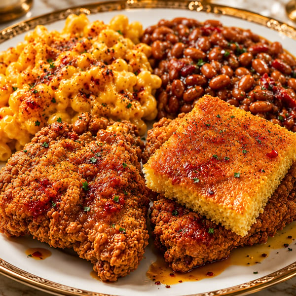 A plate of fried chicken, macaroni and cheese, baked beans, and cornbread.