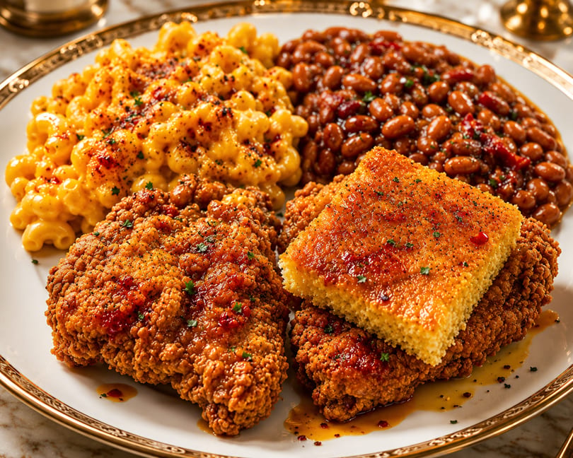 A plate of fried chicken, macaroni and cheese, baked beans, and cornbread.