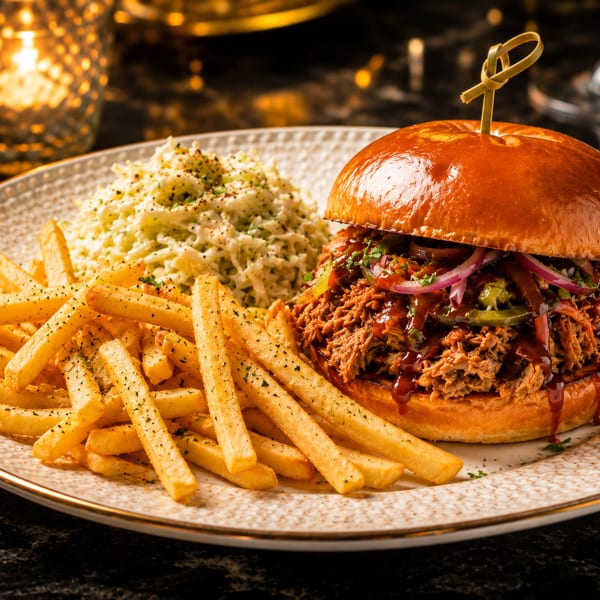 Pulled pork sandwich with coleslaw and french fries on a white plate with a golden rim.