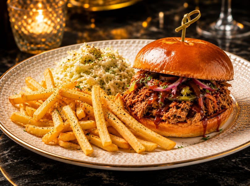 Pulled pork sandwich with coleslaw and french fries on a white plate with a golden rim.
