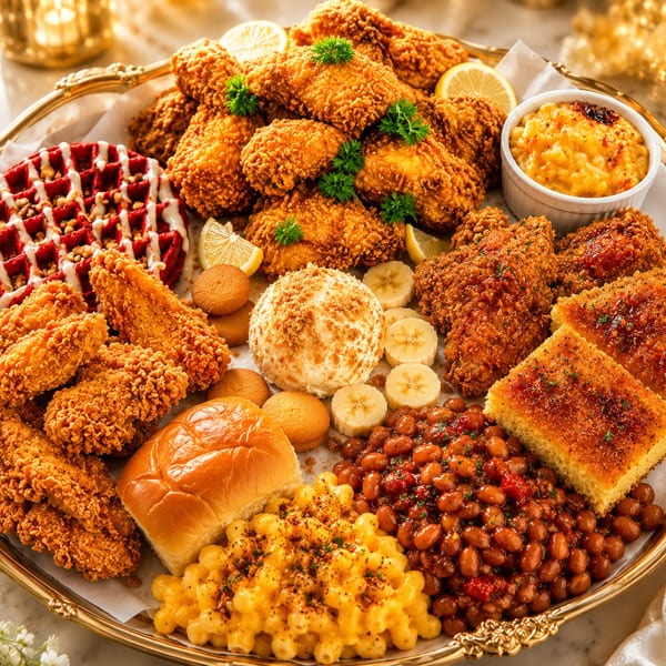 A golden platter overflowing with fried chicken, red velvet waffle, mac and cheese, baked beans, and cornbread.
