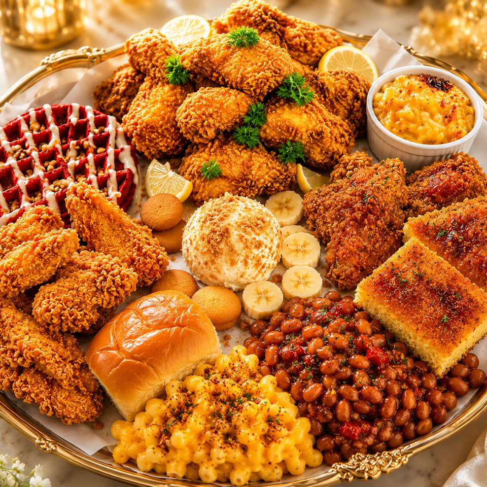 A golden platter overflowing with fried chicken, red velvet waffle, mac and cheese, baked beans, and cornbread.