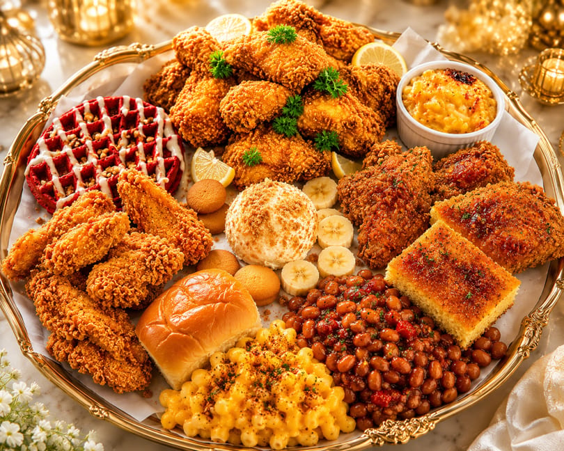 A golden platter overflowing with fried chicken, red velvet waffle, mac and cheese, baked beans, and cornbread.