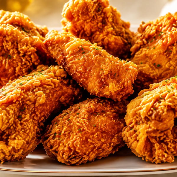 Close-up of golden-brown fried chicken pieces, sprinkled with herbs, on a white platter.