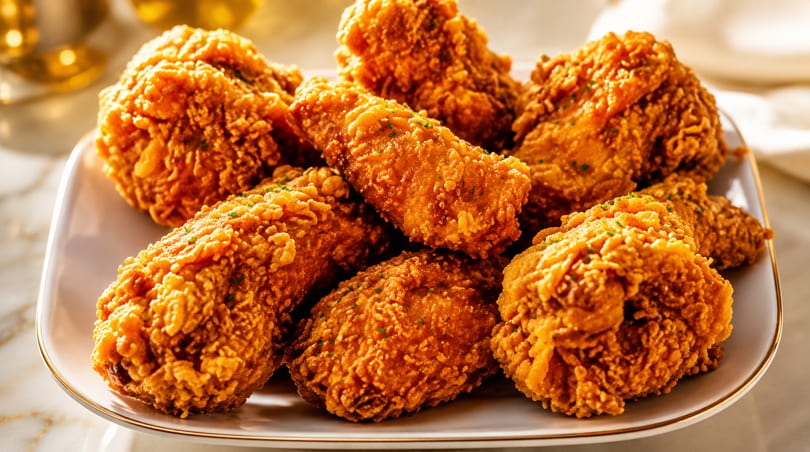 Close-up of golden-brown fried chicken pieces, sprinkled with herbs, on a white platter.