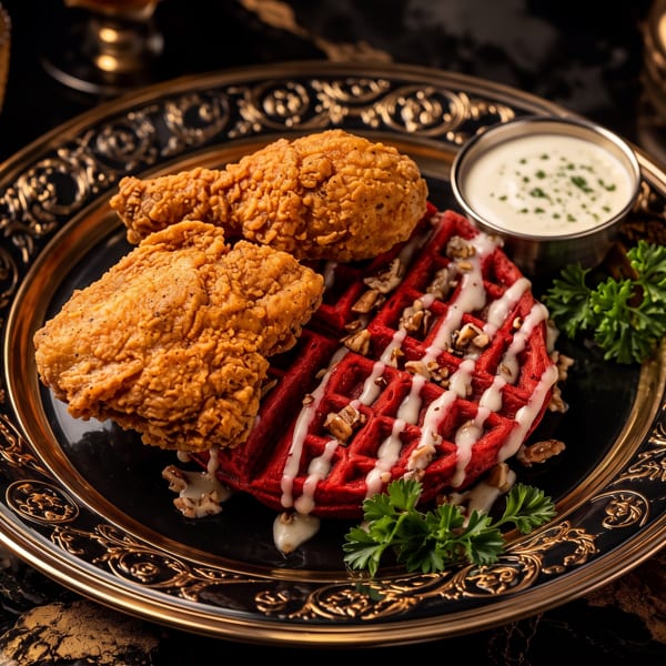 Crispy fried chicken and a red velvet waffle with nuts and white drizzle on an ornate black and gold plate.
