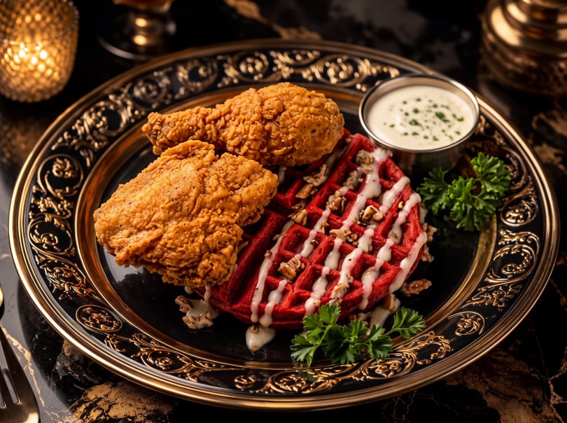 Crispy fried chicken and a red velvet waffle with nuts and white drizzle on an ornate black and gold plate.