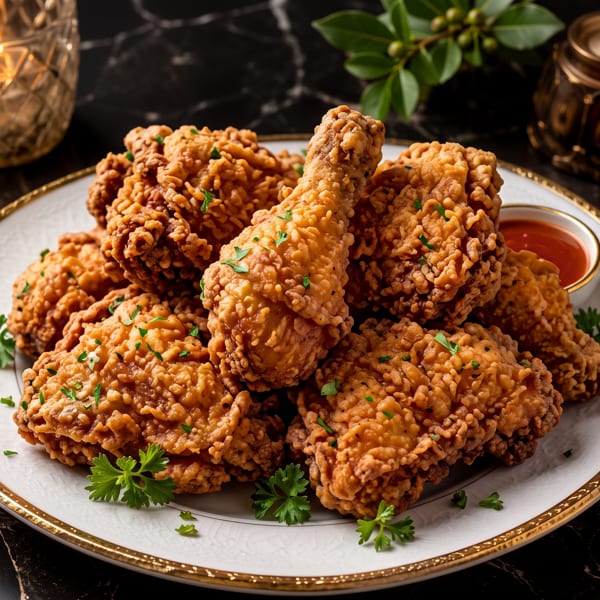 Crispy fried chicken pieces with parsley and dipping sauce on a white and gold plate.