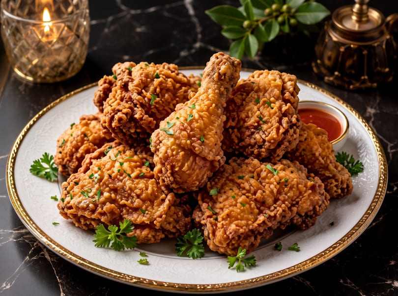Crispy fried chicken pieces with parsley and dipping sauce on a white and gold plate.