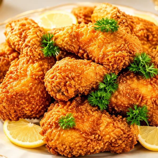 Crispy fried chicken pieces with lemon wedges and parsley on a white and gold platter.