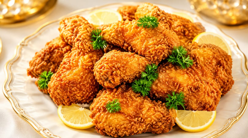 Crispy fried chicken pieces with lemon wedges and parsley on a white and gold platter.